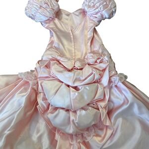 Vintage 1989 Pink Satin Flower Girl Dress Size 6 Puff Sleeve,Party Formal